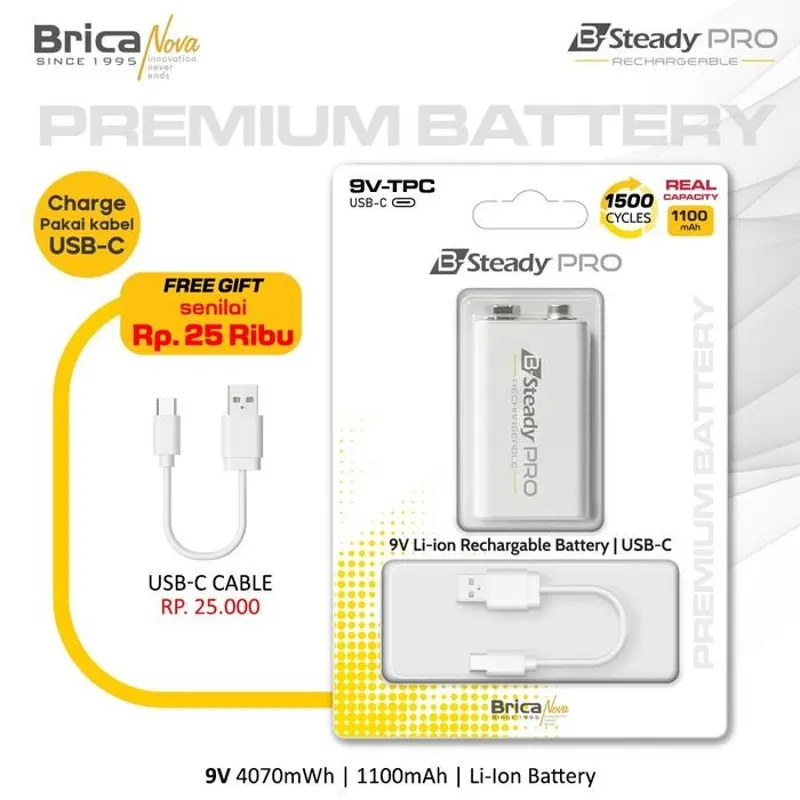 Brica B-Steady PRO 9V Li-Ion Rechargeable Battery - Battery Rechargeable - Baterai Isi Ulang